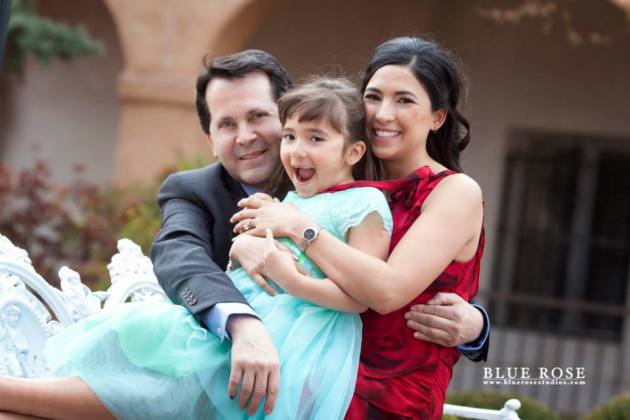 Bride, Groom, & Daughter/Flower Girl at their Engagement Photo Session. Albuquerque, NM. C. Johnson Makeup.